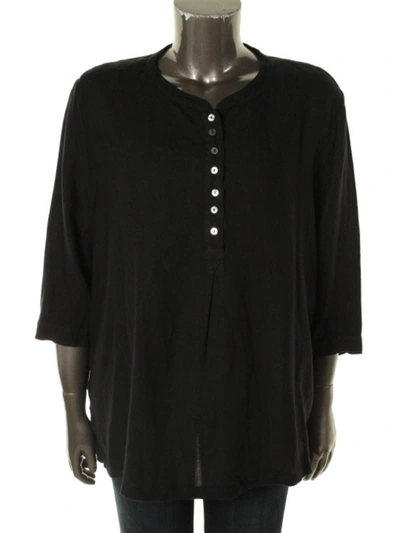 Shop Allen Allen Plus Womens Linen Henley Pullover Top In Black
