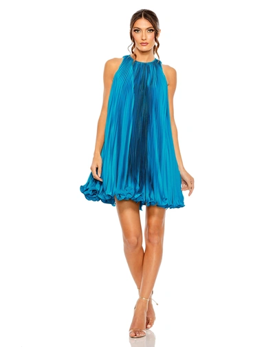 Shop Mac Duggal Pleated Halter Neck Flowy Mini Trapeze Dress In Ocean