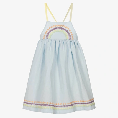 Shop Stella Mccartney Kids Teen Girls Blue Embroidered Linen Dress