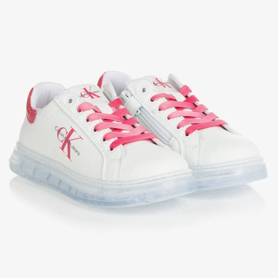Shop Calvin Klein Jeans Est.1978 Teen Girls White & Fuchsia Lace-up Trainers In Pink