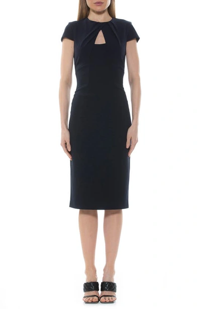 Shop Alexia Admor Janine Crewneck Draped Midi Sheath Dress In Navy