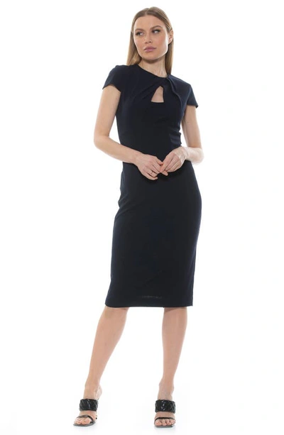 Alexia Admor Janine Crewneck Draped Midi Sheath Dress In Navy