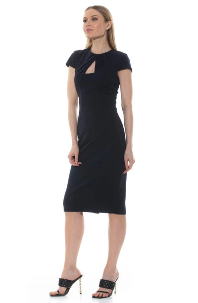 Shop Alexia Admor Janine Crewneck Draped Midi Sheath Dress In Navy