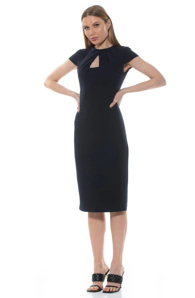 Alexia Admor Janine Crewneck Draped Midi Sheath Dress In Navy