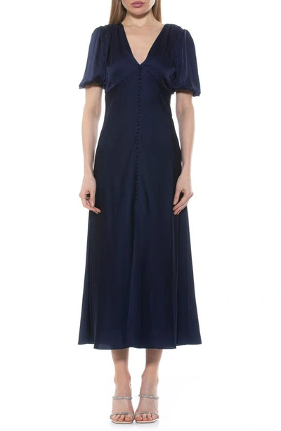 Shop Alexia Admor Lorelei V-neck Bubble Sleeve Midi Dress In Navy