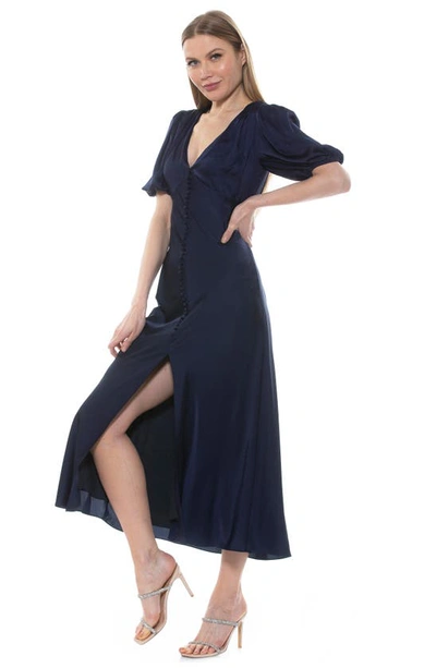 Shop Alexia Admor Lorelei V-neck Bubble Sleeve Midi Dress In Navy