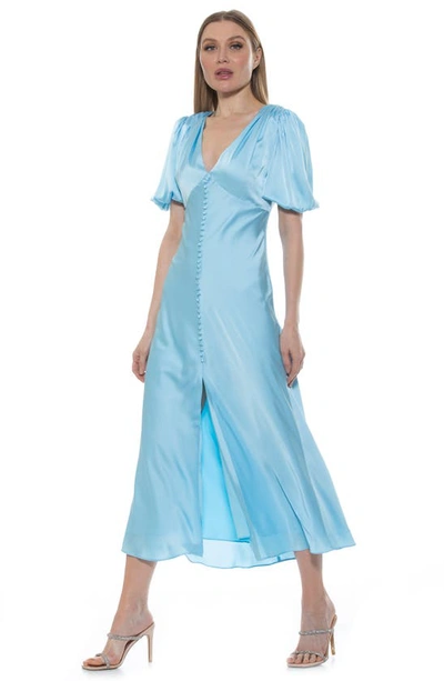 Alexia Admor Lorelei V-neck Bubble Sleeve Midi Dress In Halogen Blue