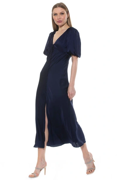 Shop Alexia Admor Lorelei V-neck Bubble Sleeve Midi Dress In Navy