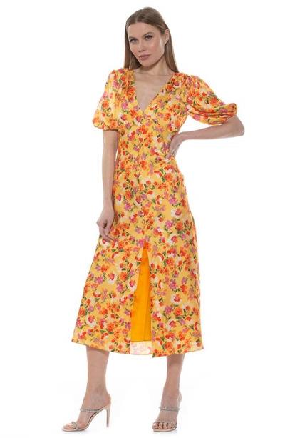 Shop Alexia Admor Lorelei V-neck Bubble Sleeve Midi Dress In Yellow Watercolor
