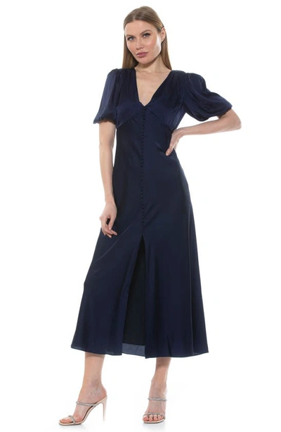 Shop Alexia Admor Lorelei V-neck Bubble Sleeve Midi Dress In Navy