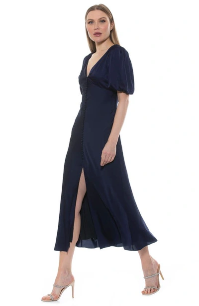 Shop Alexia Admor Lorelei V-neck Bubble Sleeve Midi Dress In Navy