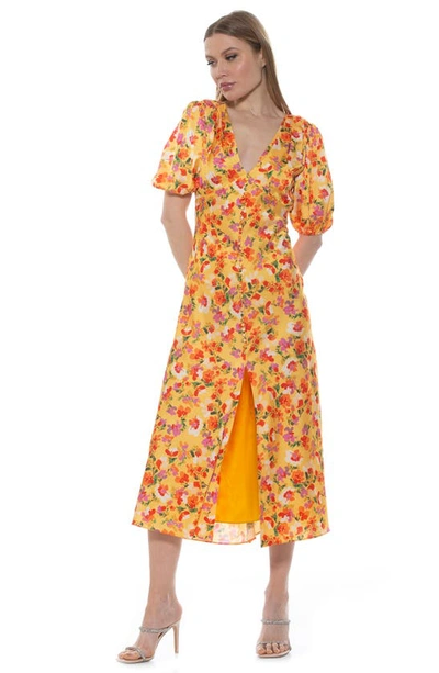 Shop Alexia Admor Lorelei V-neck Bubble Sleeve Midi Dress In Yellow Watercolor