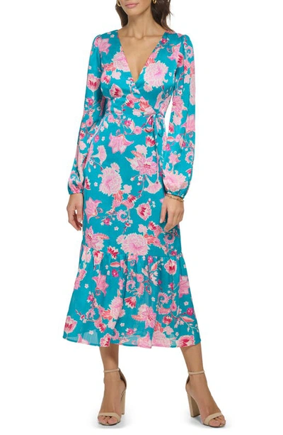 Shop Kensie Floral Long Sleeve Lace-up Satin Maxi Dress In Teal Multi