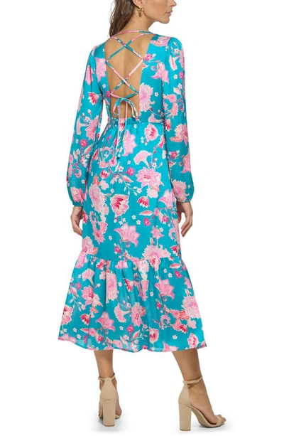 Shop Kensie Floral Long Sleeve Lace-up Satin Maxi Dress In Teal Multi