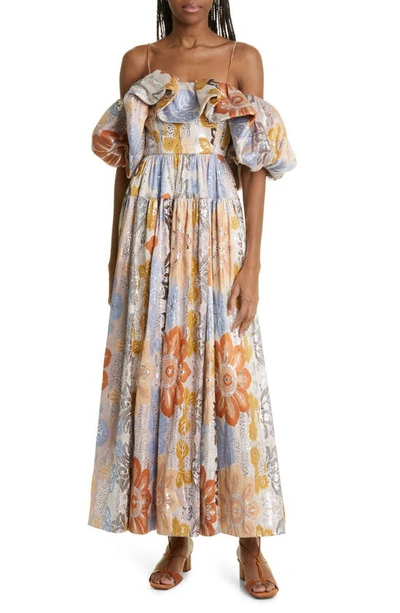 Shop Ulla Johnson Izra Metallic Floral Off The Shoulder Dress In Ocean Jasper