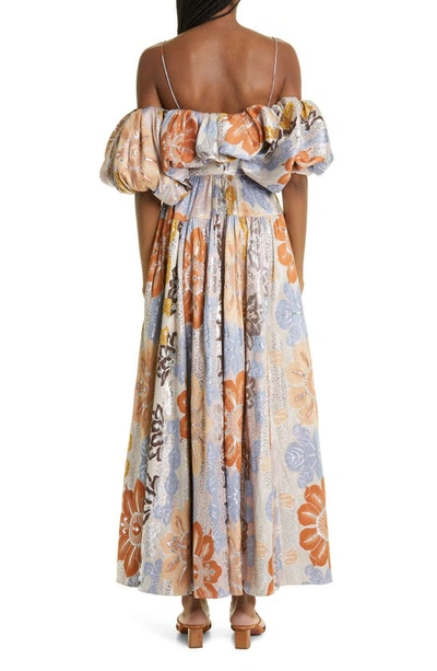 Shop Ulla Johnson Izra Metallic Floral Off The Shoulder Dress In Ocean Jasper