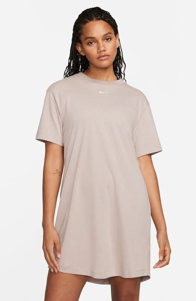 Shop Nike Sportswear Essential T-shirt Dress In Taupe/ White