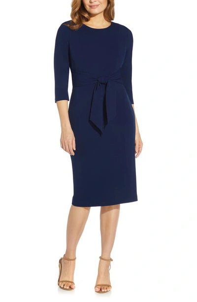 Shop Adrianna Papell Tie Waist Crepe Sheath Dress In Navy Sateen