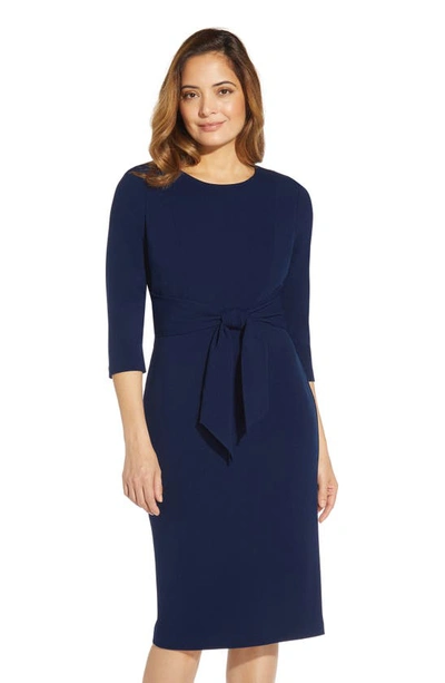 Shop Adrianna Papell Tie Waist Crepe Sheath Dress In Navy Sateen