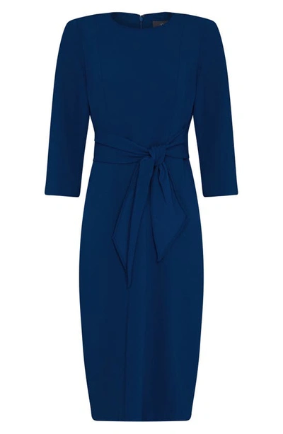 Shop Adrianna Papell Tie Waist Crepe Sheath Dress In Navy Sateen