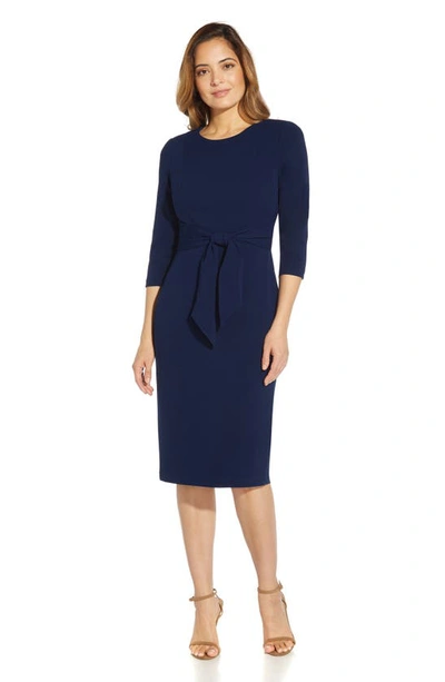 Shop Adrianna Papell Tie Waist Crepe Sheath Dress In Navy Sateen