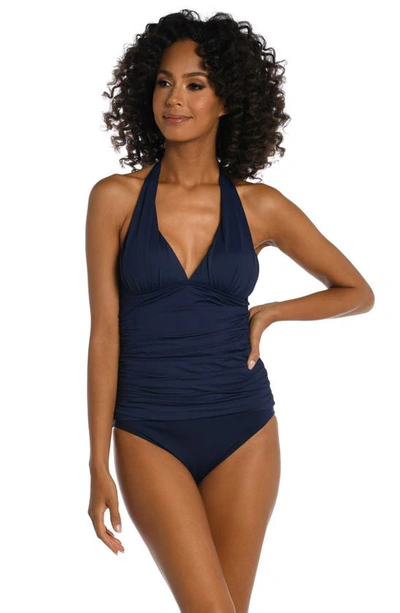 Shop La Blanca Island Goddess Halter Tankini Top In Indigo