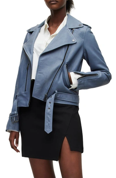 Shop Allsaints Belted Crop Leather Moto Jacket In Flint Blue