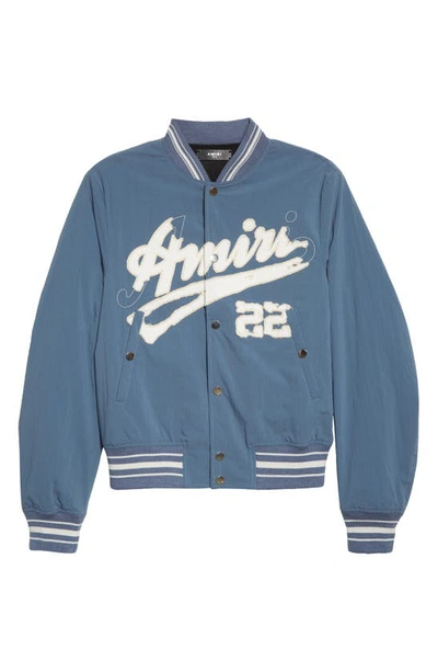 Shop Amiri Varsity Logo Shrunken Bomber Jacket In Bluefin