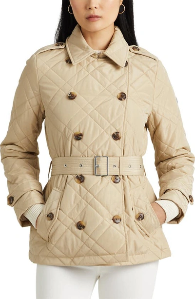 Lauren Ralph Lauren Belted Double Breasted Water Repellent Quilted Jacket  In Dune Tan | ModeSens