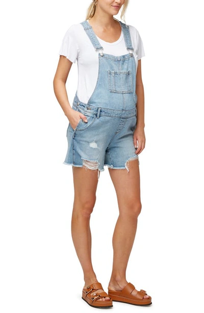 Nom Maternity Austin Distressed Denim Maternity Shortalls In Pale Blue