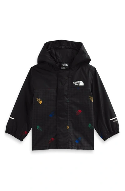 Shop The North Face Antora Waterproof Recycled Polyester Rain Jacket In Black Tossed Logo Grid Print