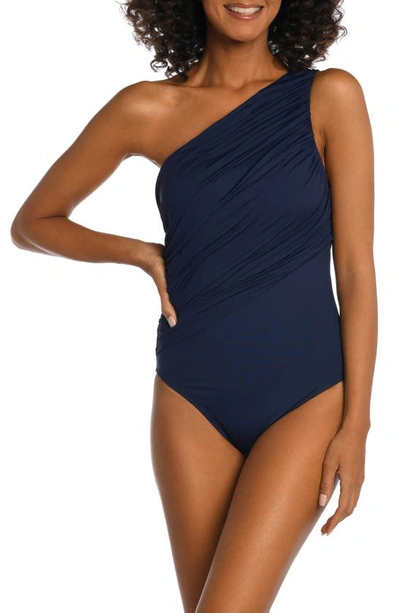 Shop La Blanca Island Goddess Ruched One-shoulder One-piece Swimsuit In Indigo
