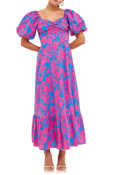 Shop Free The Roses Floral Puff Sleeve Tie Back Maxi Dress In Blue/ Fuchsia