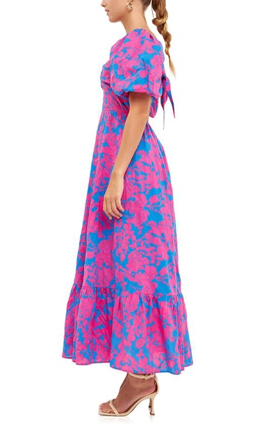 Shop Free The Roses Floral Puff Sleeve Tie Back Maxi Dress In Blue/ Fuchsia