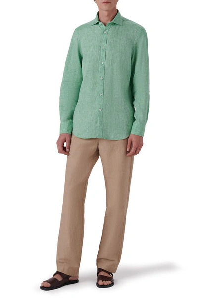 Shop Bugatchi Shaped Fit Solid Linen Button-up Shirt In Jade