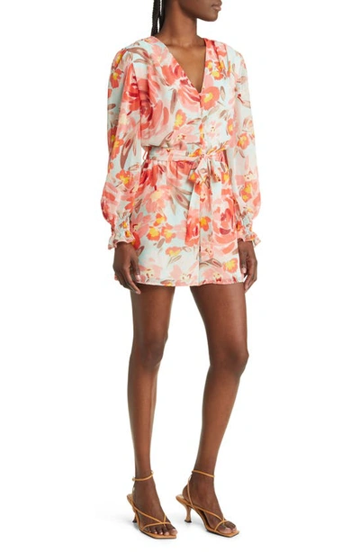 Fraiche By J Sarah Floral Long Sleeve Tie Waist Romper In Sarah