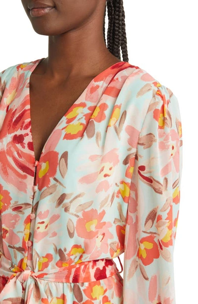 Fraiche By J Sarah Floral Long Sleeve Tie Waist Romper In Sarah