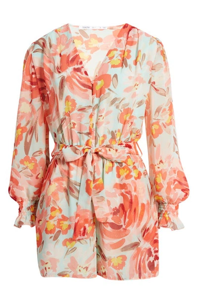 Fraiche By J Sarah Floral Long Sleeve Tie Waist Romper In Sarah