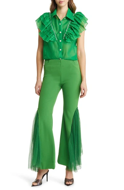 Shop Nikki Lund Holly Rhinestone Ruffle Button-up Blouse In Bright Green