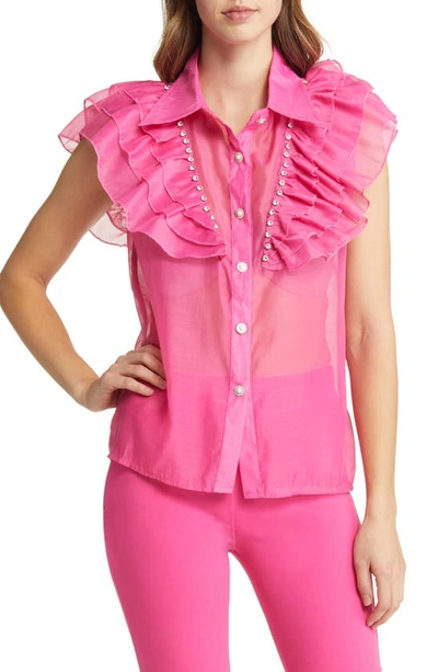 Shop Nikki Lund Holly Rhinestone Ruffle Button-up Blouse In Bright Pink