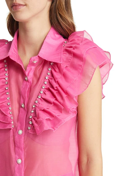 Shop Nikki Lund Holly Rhinestone Ruffle Button-up Blouse In Bright Pink