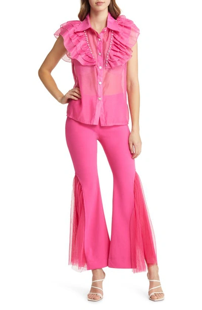 Shop Nikki Lund Holly Rhinestone Ruffle Button-up Blouse In Bright Pink