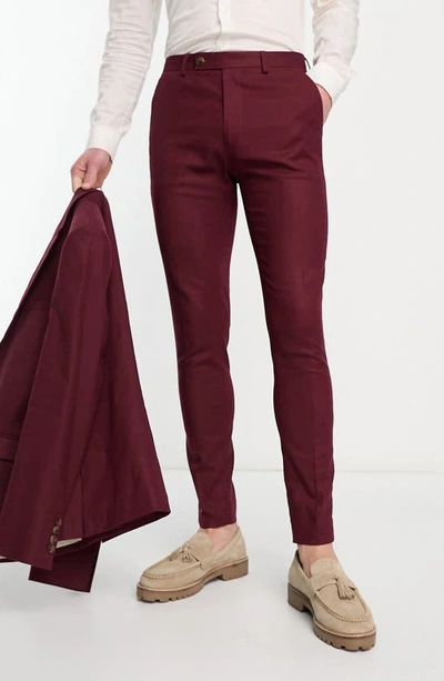 Shop Asos Design Superskinny Flat Front Stretch Linen & Cotton Pants In Burgundy