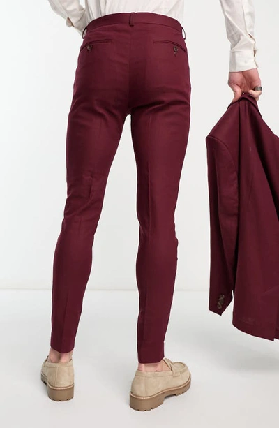 Shop Asos Design Superskinny Flat Front Stretch Linen & Cotton Pants In Burgundy