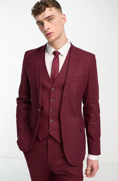 Asos Design Wedding Super Skinny Wool Mix Suit Jacket In Burgundy
