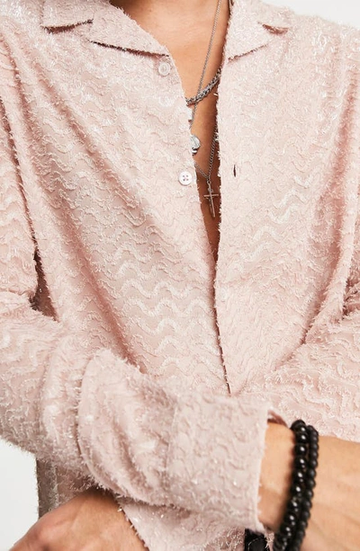 Shop Asos Design Textured Revere Collar Button-up Shirt In Light Pink