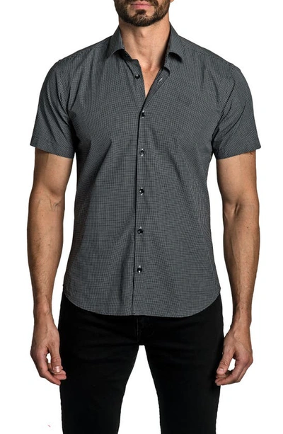 Shop Jared Lang Trim Fit Grid Print Short Sleeve Cotton Button-up Shirt In Black