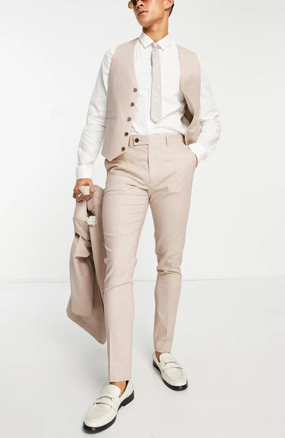 Shop Asos Design Skinny Fit Linen Blend Smart Trousers In Beige
