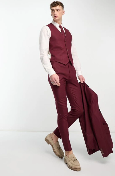 Shop Asos Design Superskinny Stretch Linen & Cotton Vest In Burgundy