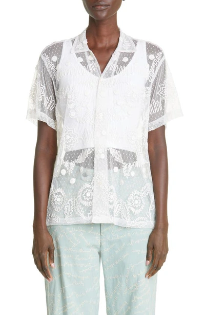 Shop Bode Contour Ribbon Sheer Short Sleeve Button-up Shirt In White Multi